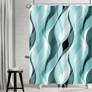 Uiiooazy Duschvorhang 180x220cm Anti Schimmel Gestreift Türkis Gemustert | Duschvorhang Gradient Blau Grün Streifen Wasserdicht Stoff Polyester Waschbar Bad Vorhang mit 12 Haken für Badezimmer