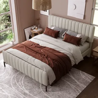 okwish Polsterbett Doppelbett 140 x 200 cm, Bettgestell mit Lattenrost und Verstellbares Kopfteil, Bettrahmen Jugendbett für Schlafzimmer Leinen Beige