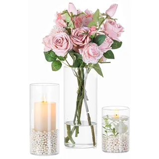 Hewory Glasvase Zylinder Kerzengläser für Tischdeko: 3mm Wandstärke Vasen Set 3er Windlicht Glas für Hochzeitsdeko - Zylindervasen Set Groß Vase Glas Glaszylinder für Deko Wohnzimmer Home Party