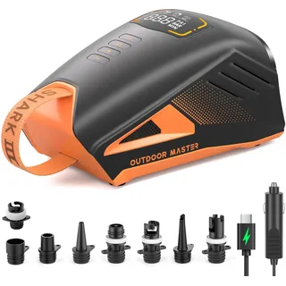 OutdoorMaster Shark 3 Sup Pumpe Elektrisch 74Wh – 3'50" Schnelle Aufblasung | 74Wh Luftpumpe SUP Elektrische, Eine Ladung für 4 SUPs, 12V/15,8V DC-Eingang, Digitaldisplay, 20 PSI, Auto-Off, 8 Düsen