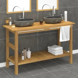 The Living Store Waschtisch mit Flussstein-Waschbecken Massivholz Teak - Schwarz
