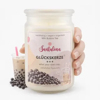 Santalina Glückskerze mit versteckter Botschaft – Bubble Tea, Milchtee & Karamell, 450 g Sojawachs, Holzdocht, süß-cremiger Duft