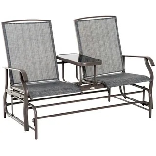 Outsunny Gartenbank mit Tisch, 2-Sitzer, pulverbeschichtetes, Metall, Braun+Grau , 78x101.5x147 cm , Gartenmöbel, Gartenliegen, Liegestühle