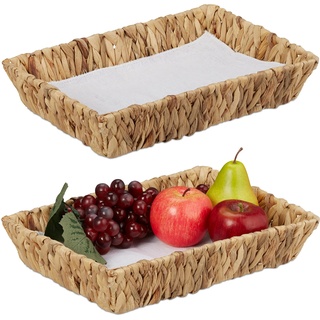 Relaxdays Obstschalen, 2er Set, Dekokörbe für Obst, Brot UVM, aus Wasserhyazinthe, HBT ca. 7x34x24 cm, Boho-Stil, Natur