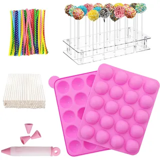 BEIAOSU Cake Pop Formen Backen, 100 Sticks Pop Cake Mould, Eiswürfelschalen, Silikon-Backform, Rosa Cake Pop Set