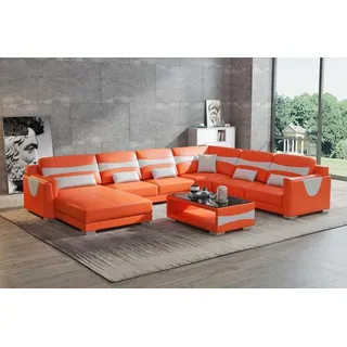 Wohnlandschaft Sofa U Form Groß Ecksofa Ledersofa Orange Kunstleder Neu - Orange, Weiß