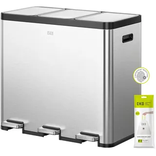 EKO EcoCasa Recycling Mülleimer 20L+20L+20L, Edelstahl 3 Fächer Mülleimer mit individuellen Pedalen zur Küchenabfalltrennung, Kunststoff-Inneneimer und Griffe, Softverschluss, matt metallic