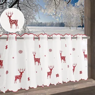 Scheibengardine MY HOME "Elch" Gr. 2, rot (weiß, neutral), B:120cm H:30cm, Voile, Polyester, Gardinen, Scheibengardine, Mit Rentieren, Sternen und Schneeflocken bestickt