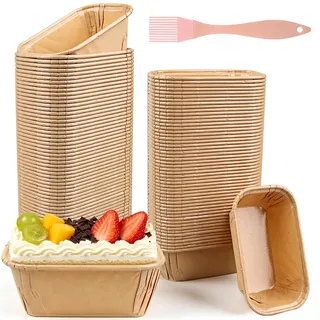 100 Stück Mini Kastenform Kuchen, 8x4x4cm Backform Papier, Rechteckig Papierbackform Brotbackform mit Pinsel für Kuchen Brot Muffins Desser