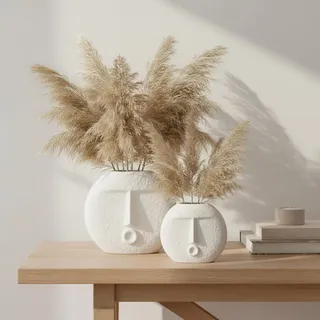 Ajuny Keramik Vasen mit Gesicht Design 2er Set Weiß – Moderne Blumenvasen für Pampasgras, Trockenblumen und Blumen, Dekoration für Wohnzimmer, Hochzeit, Party und Büro