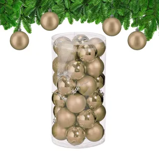 Relaxdays Weihnachtskugeln im 30er Set, Kunststoff, D: 6 cm, Weihnachtsbaumdeko, Baumschmuck bruchsicher, Champagner