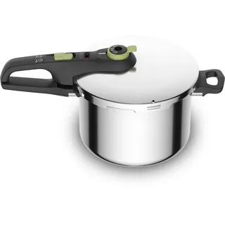 Tefal Secure Trendy Schnellkochtopf 6 L mit Korb, 2-Stufen-Garregler: Intensivstufe 117°C, Schonstufe 112°C, Induktions-Kapselboden, für alle Herdarten, Edelstahl/Schwarz/Grün