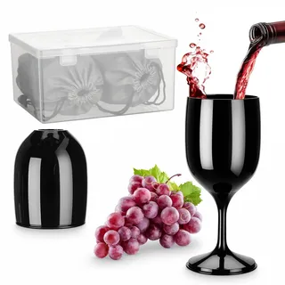 Romon 2 Stück Acryl Rotweingläser set Schwarz, 200ml Faltbares Camping Weingläser Plastik, Wiederverwendbare Cocktailgläser, Weinglas to go mit Aufbewahrungsbox, für Reisen Picknick Zubehör Outdoor