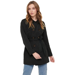 ONLY Damen Kurzer Trench Coat | Eleganter Basic Übergangs Mantel | Jacke Zweireihig mit Gürtel ONLVALERIE, Farben:Schwarz, Größe:S