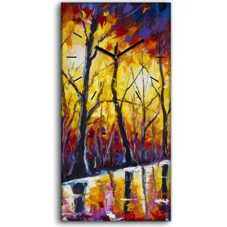 Wanduhr Bürouhr Leinwand Bild Quarz 30x60 Wald Bäume farbenfroh Aquarell park - schwarze Hände - Gelb