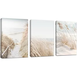 3 Teilig Strand Schnee Landschaft Bilder Set, Modern Beige Natur Pflanzen Wandbilder mit Rahmen, Boho bild auf leinwand Wandkunst Kunstdruck Deko für Wohnzimmer Schlafzimmer Küche Esszimmer 40x60x3