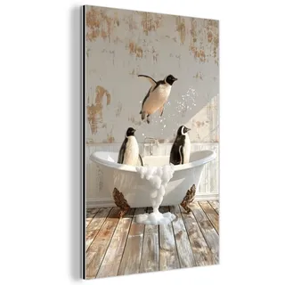 MuchoWow Metallbild Vintage - Pinguin - Badewanne - Schaumstoff Deko Wohnzimmer 60x90 cm , Schwarz , Metall , Rechteckig , 60x90 cm , einfache und schnelle Anbringung , Bilder & Rahmen, Bilder, Holz & Metallbilder
