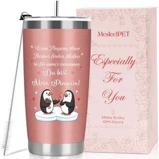 MestectPET Pinguin Jahrestag Geschenk für Sie, Ich Liebe Dich, Hochzeitstag Geschenke Jahrestag Geschenke für Paar, Ehefrau, Partner, Thermobecher Kaffee to go 600ml