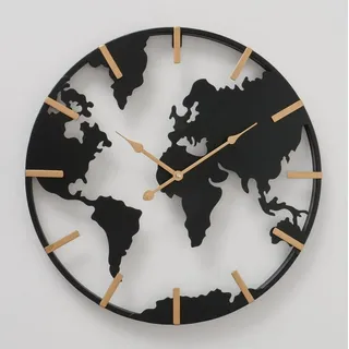 Boltze Wanduhr "Union" Metall in schwarz/gold B50cm, Uhr Weltkarte