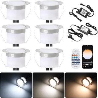 6er WIFI Smart Dimmbar 3000k-6000k Einbaustrahler 1W Bodeneinbauleuchten Arbeitet mit Alexa, Google Home, Ø45mm IP67 Wasserdicht LED Einbaustrahler Außen, timing function,mit Fernbedienung