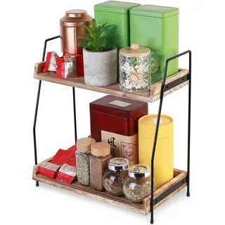 Kaffee Organizer Station, Küche Aufbewahrung Küchenregal Arbeitsplatte, Küchen Regal Organizer, Kaffeebar Zubehör, 2-stöckige Holz Gewürzregal Stehend Gewürzständer für Küche, Zuhause, Büro