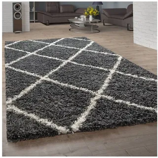 Paco Home & Hochflor Teppich Wohnzimmer Skandinavisches Muster, Rautenmuster Dunkelgrau Creme 140x200 cm
