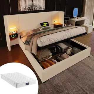 Polsterbett Doppelbett 160×200 mit Nachttisch, Leselampe und USB Type-C , Bettanlage Stauraumbett, Beige-Weiß, CordstoffMit Matratze - Beige