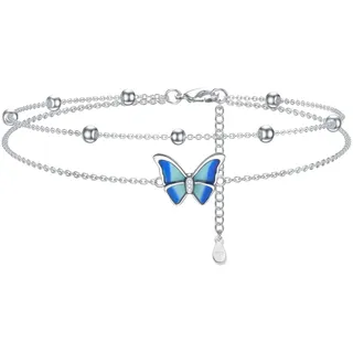 Tusuzik Fußkettchen Für Damen 925 Sterling Silber Verstellbare Schmetterling Doppel Fußkette mit Kugeln Sommer Strand Schmuck Geschenke für Frauen Mädchen