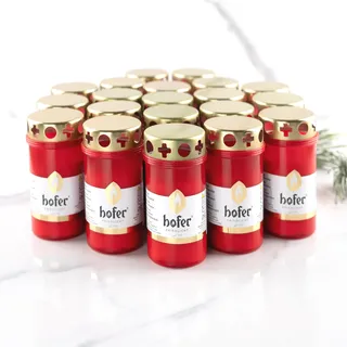 20er Set HOFER GRABKERZEN klein mit Deckel [rot] ca. 48 Std. Brenndauer | Trauerkerzen mit Deckel | Grablicht, Friedhofskerze | Kerzen für Grabdeko und Grabschmuck