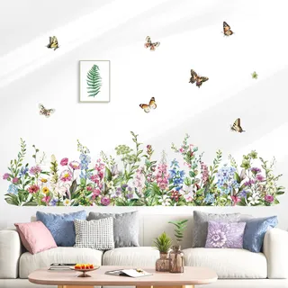 decalmile Wandtattoo Grüne Gras Blumen Wandaufkleber Blumenwiese Grüne pflanzen Schmetterlinge Wandsticker Wohnzimmer Schlafzimmer Küche Wanddeko