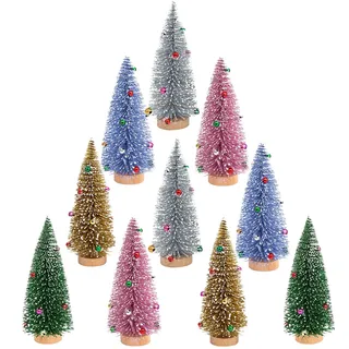 Bigqin 10 Stück Mini Weihnachtsbaum, 10cm Kleiner Weihnachtsbaum Bedeckt mit Schnee, Christmas Tree Weihnachten Deko für Weihnachten und Advent, Tisch Weihnachtsbäume in Silber/Grün/Blau/Rosa/Gold