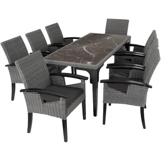 tectake Gartentisch Foggia mit 8 Stühlen Rosarno, Armlehnen und Beine aus Holz, grau , Grau , Kunststoff , Rechteckig , Gartenmöbel, Gartengarnituren, Gartenmöbel-Sets