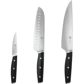 MasterChef Küchenmesser Set mit Kochmesser, Santoku Messer & Schälmesser, Profi Messerset aus Rostfreiem Stahl mit Hohem Kohlenstoffgehalt, Kochmesser Set mit Dreifach Vernieteter Griff, 3-teilig