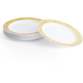 MATANA 20 Premium Weiße Plastikteller mit Goldrand, Mehrweg Kunststoffteller, 26cm - Partyteller Gold für Hochzeiten, Geburtstage, Partys - Elegantes & Stabiles Partygeschirr