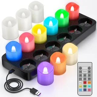 PChero LED Bunte Teelichter Wiederaufladbar mit Ladestation, 12er RGB Multicolour LED Kerzen Aufladbar Flackernd mit Fernbedienung und Timer für Halloween Kürbis Weihnachten Party Deko