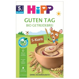 HiPP Guten Tag Bio Getreidebrei 5-Korn (7 x 200g), Babybrei ab 5. Monat, ohne Zuckerzusatz, milchfrei, mit Vitamin B1, einfache Zubereitung