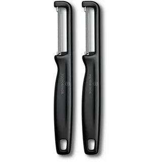Victorinox Sparschäler "Iota", Schäler für Gemüse, Obst, Zackenschliff, Zweischneidig, Extra Scharf, Swiss Made, schwarz (Packung mit 2)