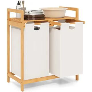 FANTASK Wäschesammler 2 Fächer, Wäschekorb Bambus mit herausnehmbaren Wäschesäcken & Ablagefläche, Wäschesortierer stabil für Badezimmer, Schlafzimmer, Wohnzimmer, Weiß