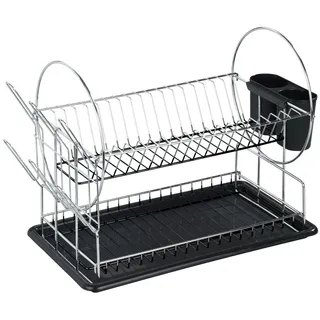 Wenko Geschirrabtropfer Premium Duo, Organisationstalent, Geschirr Abtropfständer für die Küche, Abtropfgestell mit Besteckkasten und Tellerständer, 52 x 36 x 24 cm, aus Metall, Silber/Schwarz