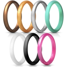 JewelryWe Schmuck 7 PCS Silikon Ehering für Frauen, 2.7mm Gummi Hochzeit Bands Gummibänder Ring für Sport und Outdoor, 7 Farben Set, Größe 54