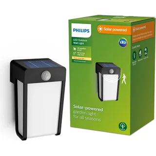 Philips Outdoor Solar Shroud Wandleuchte 2,3W, Tageslicht- und Bewegungssensor, matt, 2700 Kelvin, IP44 wetterfest, schwarz