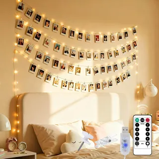Liyade 10M 100LED Fotoclips Lichterkette, USB Fotolichterkette, 8 Lichtmodi, Fernbedienung & Dimmbar Lichterkette mit 60 Klammern für Zimmer Deko, Hochzeit, Weihnachten, Geburtstag, Wanddeko