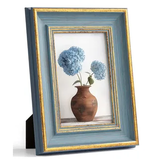 Afuly 10x15 Bilderrahmen Vintage Blau Gold Bilderrahmen Retro Antike Shabby Fotorahmen Deko für Wand Tisch Family Freund Hochzeit Geburtstag Geschenke Muttertage für Frauen Mama Oma