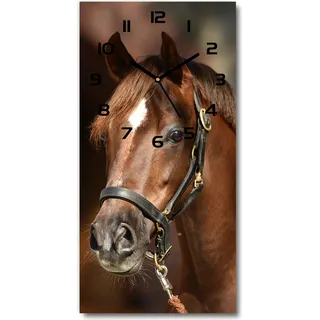 Wanduhr aus Glas – 30x60 cm - Glasbild - Glasuhr - Gehärtetes Glas -Porträt eines Pferdes - Braun