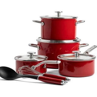 KitchenAid Steel Core Enamel 10-teiliges Kochgeschirr-Set mit Deckeln, deutsche Emaille, Induktionsgeeignet, backofenfest, spülmaschinenfest, Empire Rot