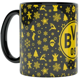 BVB Borussia Dortmund Weihnachtstasse schwarzgelb, Tasse Emblem mit Weihnachtsmotiven