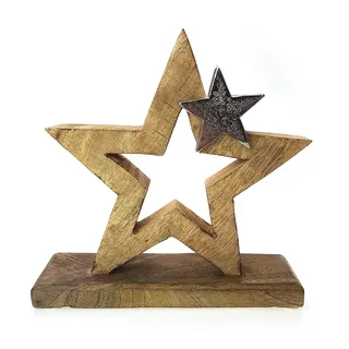 TEMPELWELT Deko Figur Stern Aufsteller 21 cm, Mangoholz Holz massiv Natur braun Aluminium Metall Silber, Winterstern Weihnachtsstern Sternfigur