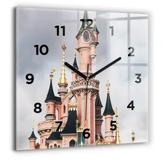 Wallfluent Große Wanduhr – Stilles Quarzuhrwerk - Uhr Dekoration Wohnzimmer Schlafzimmer Küche - Zifferblatt - schwarze Zeiger - 60 cm - Schloss Disneyland in Paris - Rosa