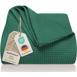 LAYNENBURG Premium Tagesdecke 220 x 240 cm XXL - Waffelpique 100% Baumwolle - leichte Wohndecke Waffeloptik - Baumwolldecke Bett-Überwurf, Sofa-Überwurf, Couch-Überwurf - Sofa-Decke (Dunkelgrün)