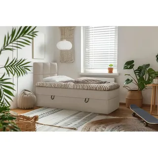 Mid.you Boxbett , Hellbraun , Holz, Textil, Holzwerkstoff , H3 , 90x200 cm , Bettkasten, gepolstertes Kopfteil, Stoffauswahl, Topper durchgehend , Holzmöbel, Holzbetten, Boxspringbetten Holz